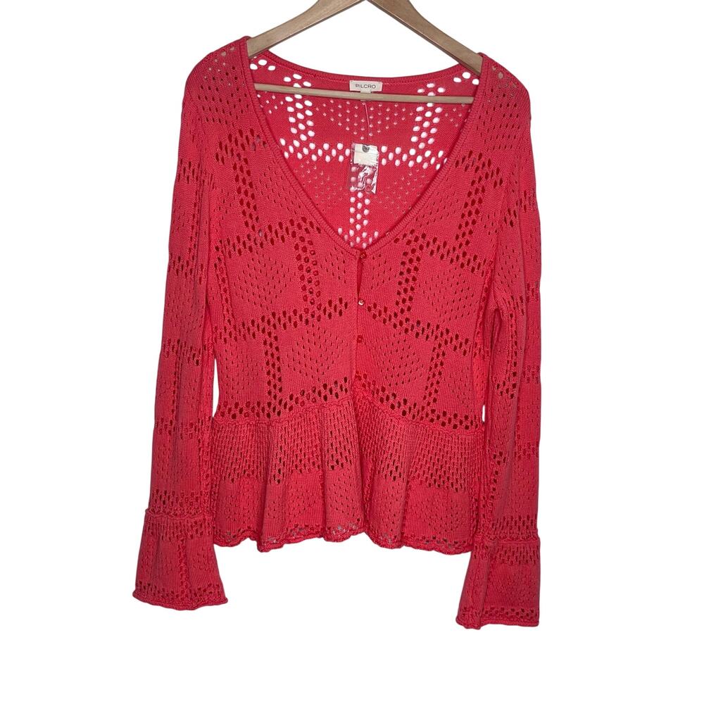 Anthropologie Pilcro Coral Pointelle Knit Peplum Sweater Top Large Boho NWT - Picture 2 of 12